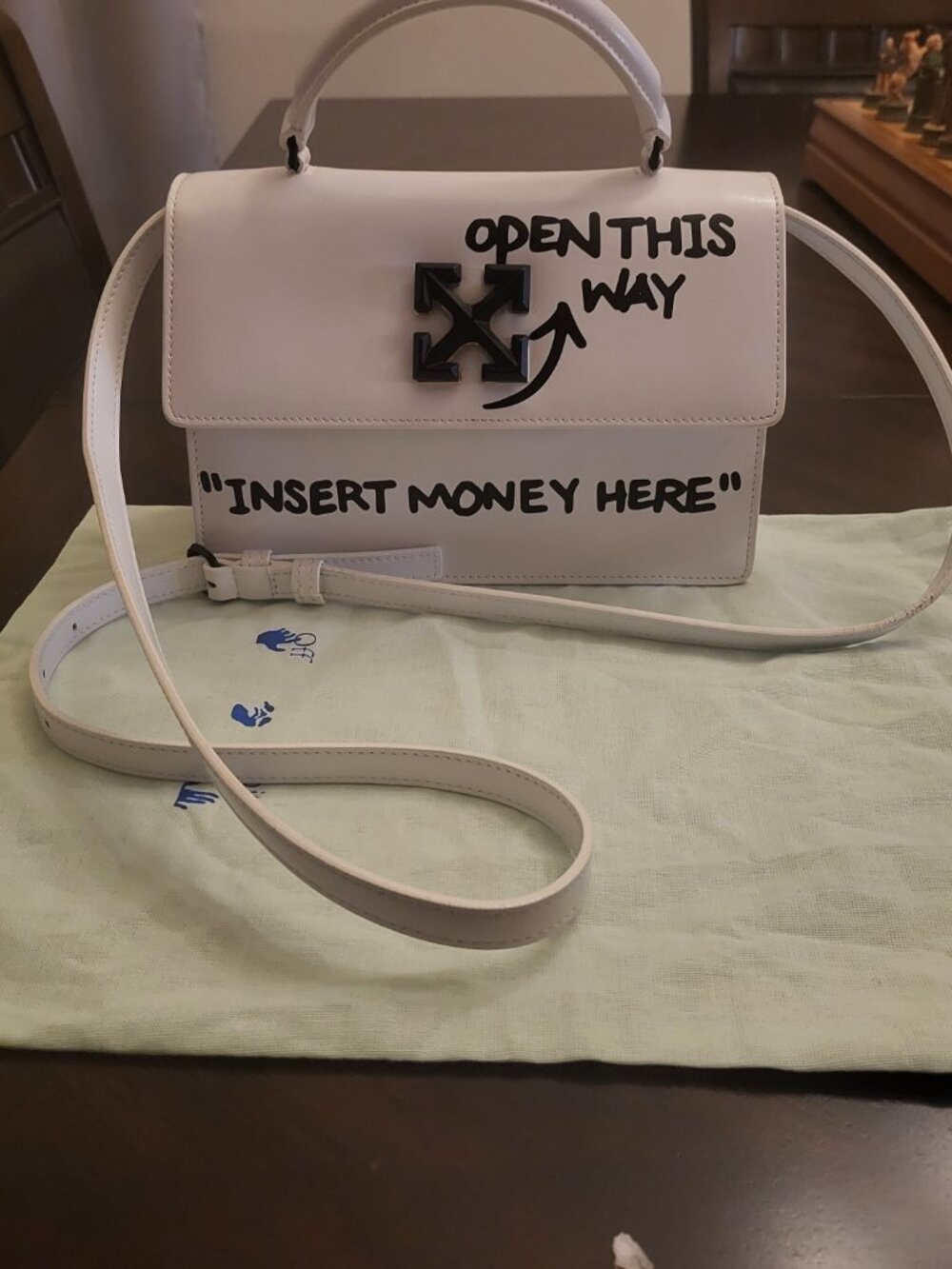 Off-White White Leather Jitney 1.4 Arrow Flap Top-Handle Bag with Black Graffiti